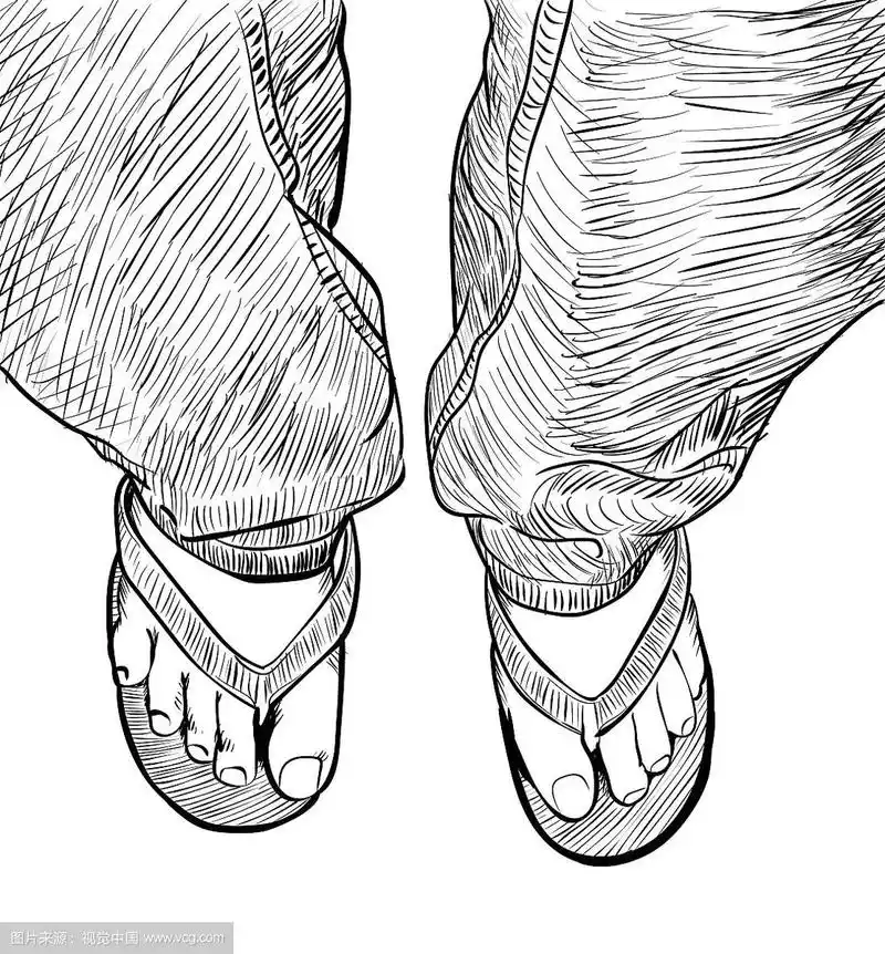 手绘男性脚拖鞋矢量插图