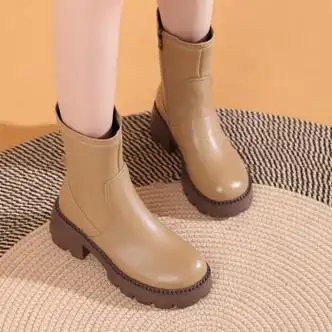 梵侈赫尔轻奢品牌全牛皮真皮中筒靴女2022新款秋冬季白色高跟厚底女