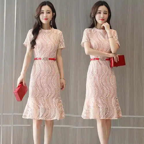 女士夏蕾丝气质女士甜美短袖女新品连衣裙小清晰修身显瘦中长