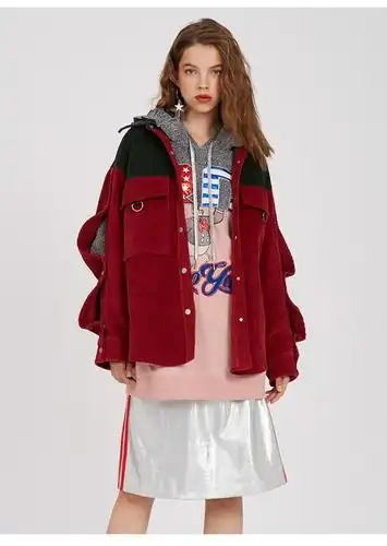 正品包邮 uooyaa乌丫2017秋冬 酒红色灯芯绒拼接印花亮片上衣外套