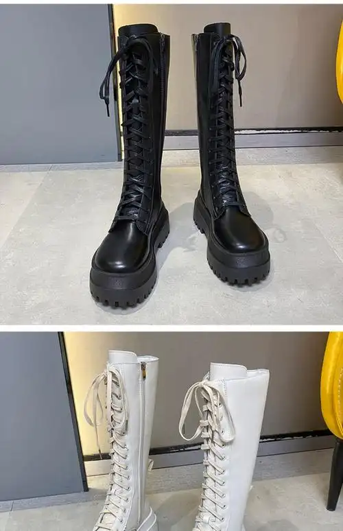 联名款女鞋高筒马丁靴女2021秋冬季新款松糕厚底骑士靴小个子增高系带