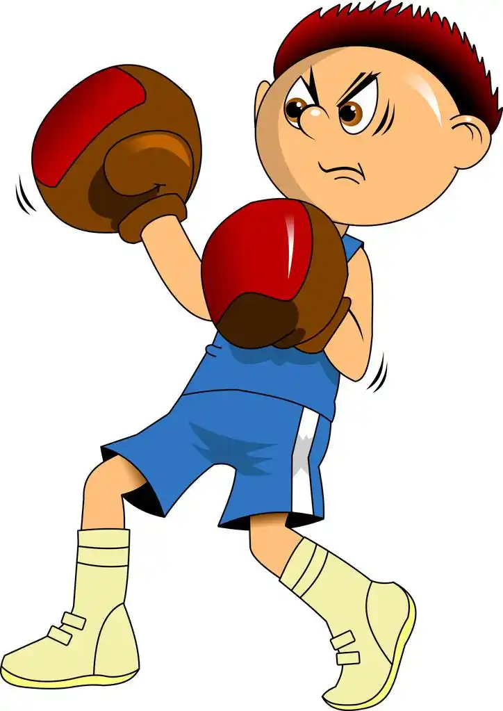 年轻的拳击手,巨大的拳击手,在蓝色的拳击手套,插图