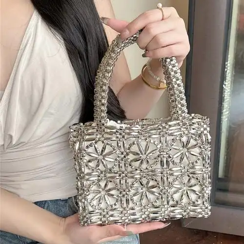 复古枪色花朵串珠金属色镂空手工编织珍珠包购物袋手提包女-阿里巴巴