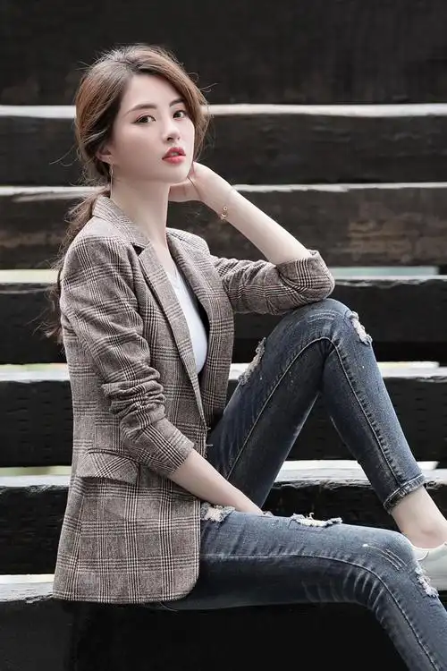 春装格子西装外套女秋冬韩版复古两粒扣修身显瘦百搭小个子西服