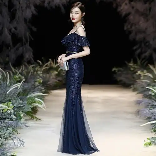 吊带晚礼服裙女2021新款气质宴会高贵鱼尾主持人高端大气气场女王