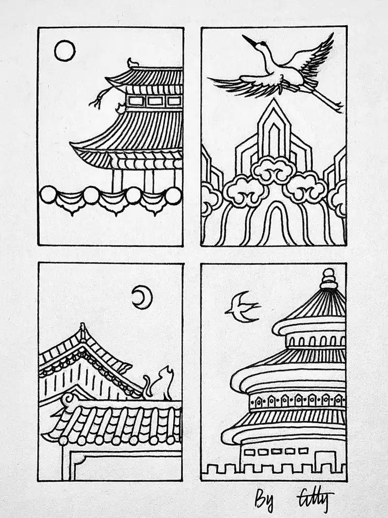 国风黑白简笔画8415(47)|故宫插画.#画画 #简笔画 # - 抖音