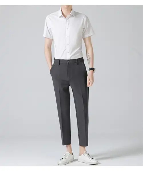 冰丝套装夏季九分西裤男裤港风休闲裤短袖衬衫两件套潮cy002深蓝cy88