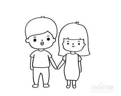 然后画出一个小女孩和小男孩手牵手.
