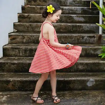 夏新款童装女童韩国版纯棉条纹吊带裙儿童露背连衣裙宝宝沙滩裙子