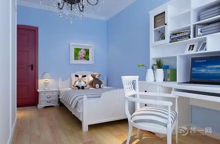 蓝色儿童房装修效果图,颜色系是蓝色空间设计是儿童房的装修色调效果
