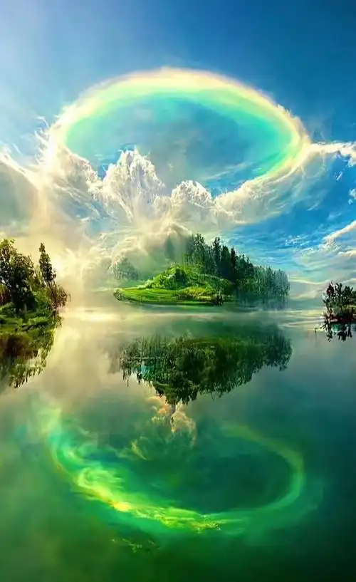 这个小岛上郁郁葱葱的树木,在阳光的照射下显得格外翠绿,像是一片绿色