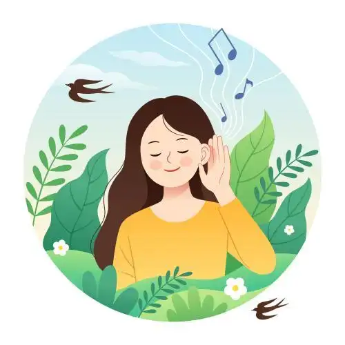 女孩用耳朵倾听大自然圆版插画