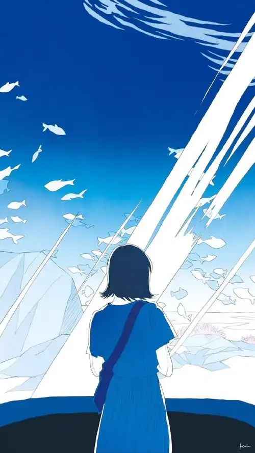 小清新蓝色系文艺少女插画手机壁纸