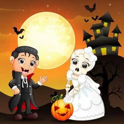 万圣节背景下的女骷髅新娘抱南瓜和小男孩