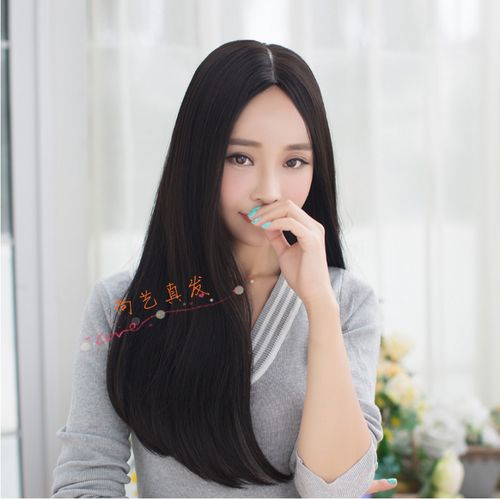 真发发套假发女中分长刘海三七分递针厚重齐发尾长直发内扣微卷