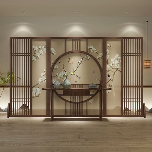 00淘宝新品新古典实木禅意屏风隔断玄关座屏时尚客厅餐厅酒店半透纱