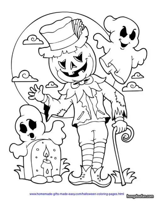 万圣节带着帽子的可爱南瓜小人涂色图片打印 | 红豆饭小学生简笔画大