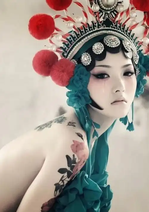 美女花旦肩臂蝴蝶花卉纹身图案