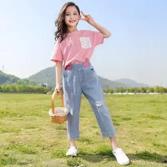 新款儿童洋气12岁中大童运动女孩短袖夏装两件套 063款粉色 上衣 裤子