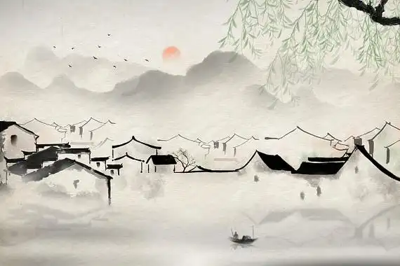 江南水乡插画手绘古风背景水墨山水画国风风景写意江南水乡水墨插画