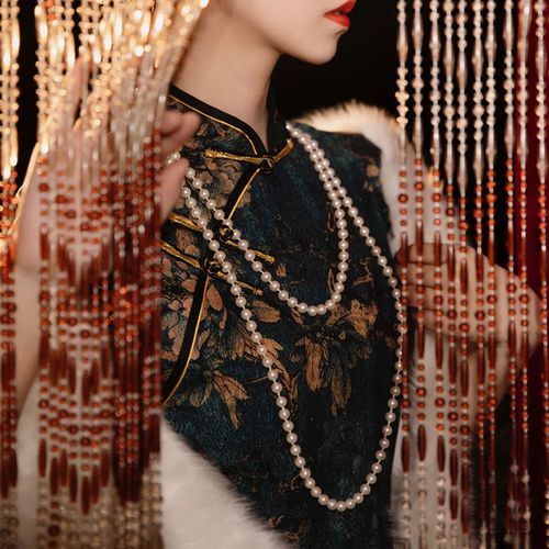 旗袍珍珠项链双层女老上海民国风复古宫廷配饰品锁骨链毛衣链长款