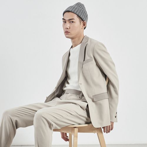 muslun秋冬杏色黑色拼接设计师款休闲厚款西装含羊毛修身西服男