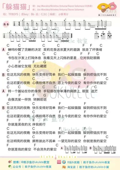 躲猫猫尤克里里谱_tfboys_a调ukulele谱_四线谱_桃子鱼仔图片谱_木木