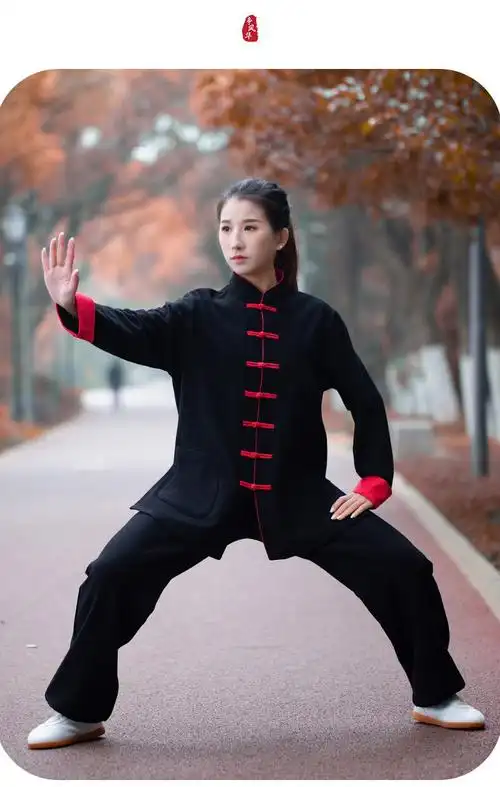 太极服女秋冬季新款加厚绒棉麻太极拳冬装练功服男时尚 枣红色唐装扣