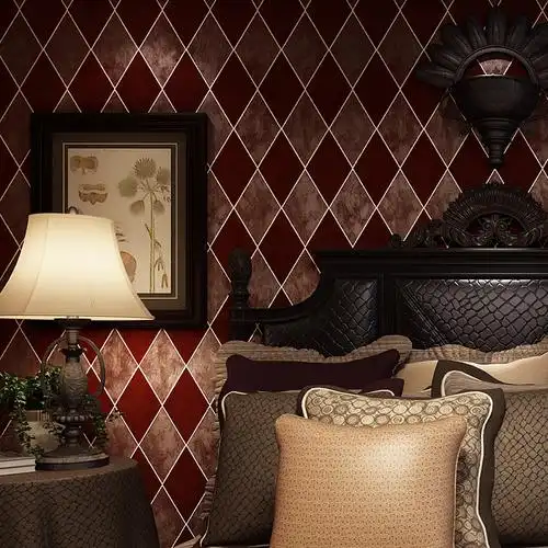 美式乡村复古方格墙纸菱形方块无纺布壁纸客厅卧室电视背景墙纸