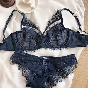 法式超薄睫毛蕾丝软钢圈文胸套装性感透明聚拢收副乳火辣内衣奶罩