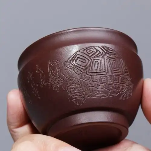 宜兴原矿紫砂名家纯全手工刻绘长寿主人杯原茶杯