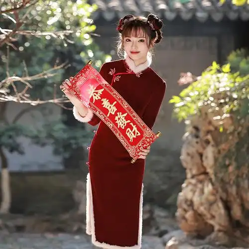 红色旗袍2022年新款改良秋冬新年唐装过年拜年服女大人中国风女装