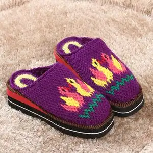 冬季纯手工编织毛线加厚防滑保暖鸭子图案高跟女士拖鞋 棉拖鞋