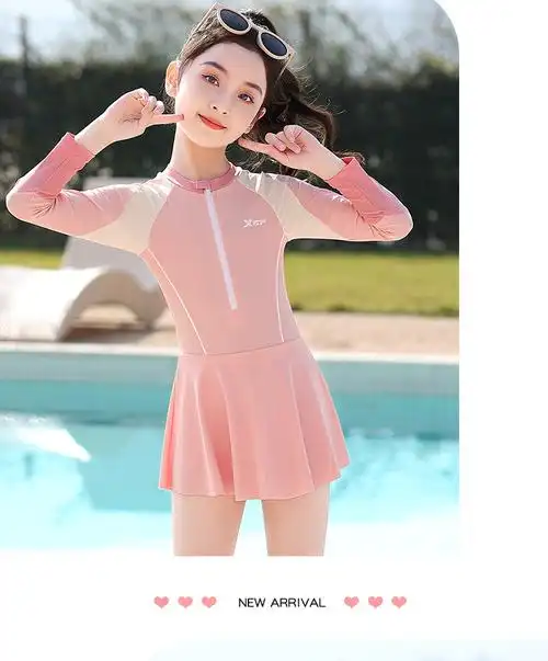 特步儿童泳衣女孩女童中大童2023新款保守长袖初中生连体游泳装备