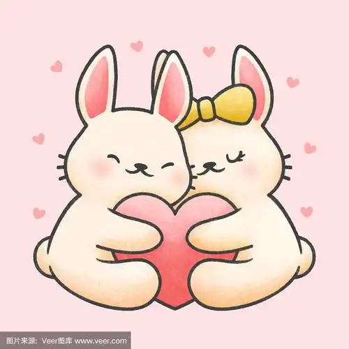 可爱的兔子夫妇拥抱心卡通手绘风格