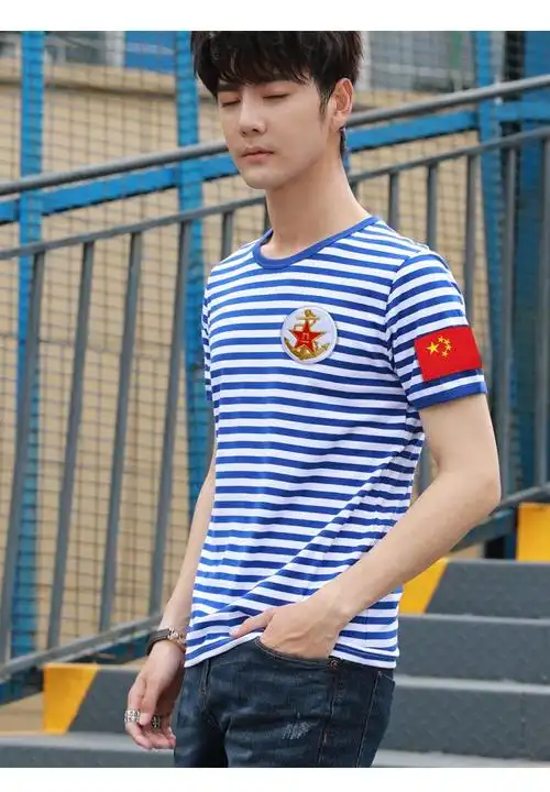 男士刺绣海魂衫蓝白条纹短袖水手服团队活动聚会半袖t恤纪念定制天蓝