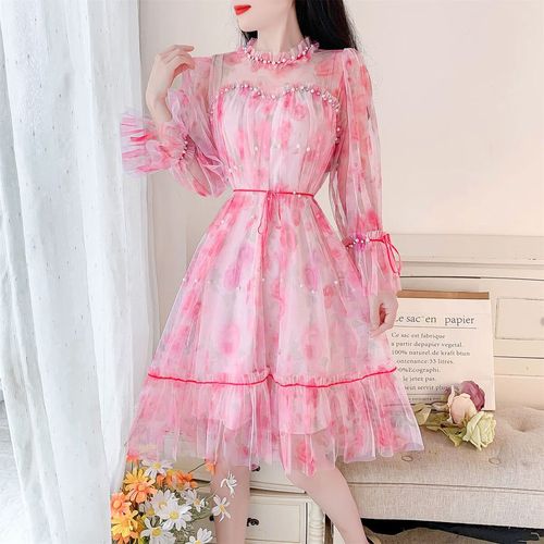 个子雪纺连衣裙网纱裙连衣裙仙女超仙碎花连衣裙2023春装新款甜 粉色