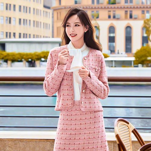 西装套装两件套春唐嫣女粗花呢短外套2022秋冬半身裙 唐嫣粉色小香风