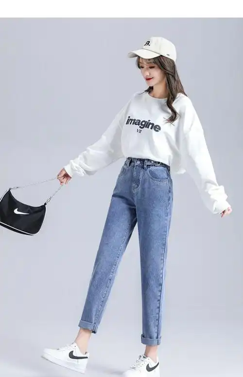 雅鹿 高档品牌女装高腰哈伦牛仔裤女2021年新款流行松紧阔腿宽松粗腿