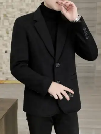 新款轻商务休闲羊毛西装中年男士短外套 黑色 4xl【图片 价格 品牌