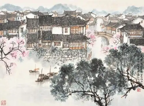 0417 江南烟雨图 镜心 设色纸本