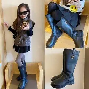 女童长靴加绒黑色小女孩高筒靴2021秋冬新款儿童中大童靴子女春秋