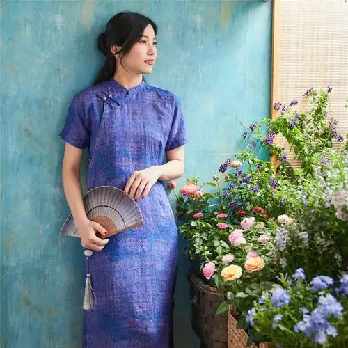 华果星辰苎麻旗袍改良小领银扣收腰通复古显瘦旗袍