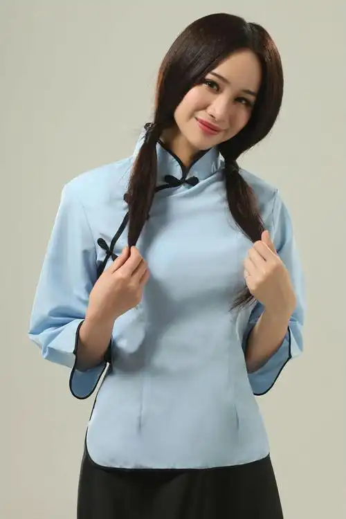 民国风演出服装 古装学生装 女 五四青年毕业季校服 浅蓝色 棉布