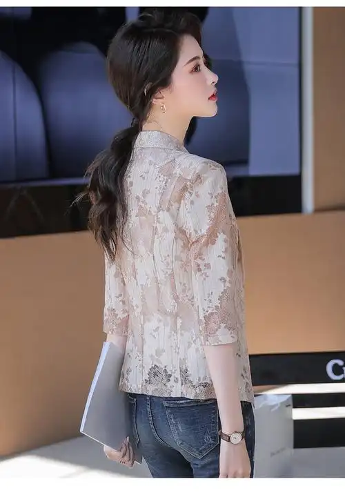 工厂定做一件代发镂空蕾丝中袖小西装女白领夏装职业装西服工作服