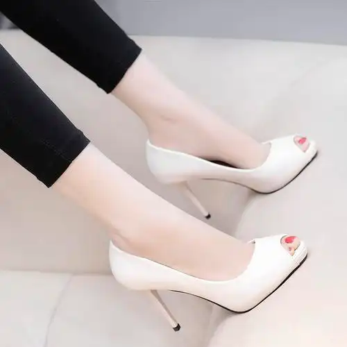 10公分鱼嘴高跟鞋8cm以上细跟防水台百搭职业工作鞋浅口鱼嘴单鞋黑色8