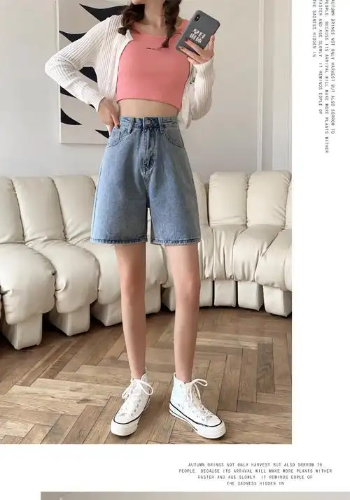 牛仔短裤女五分裤外穿小个子高腰显瘦5分百搭宽松直筒a字阔腿中裤