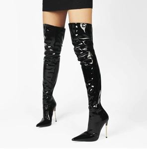 漆皮靴超高跟12cm长筒靴过膝大码长靴女显瘦性感钢管舞靴已售0￥325