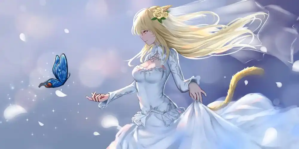 黄色长头发可爱少女白色裙子蝴蝶4k动漫唯美图片