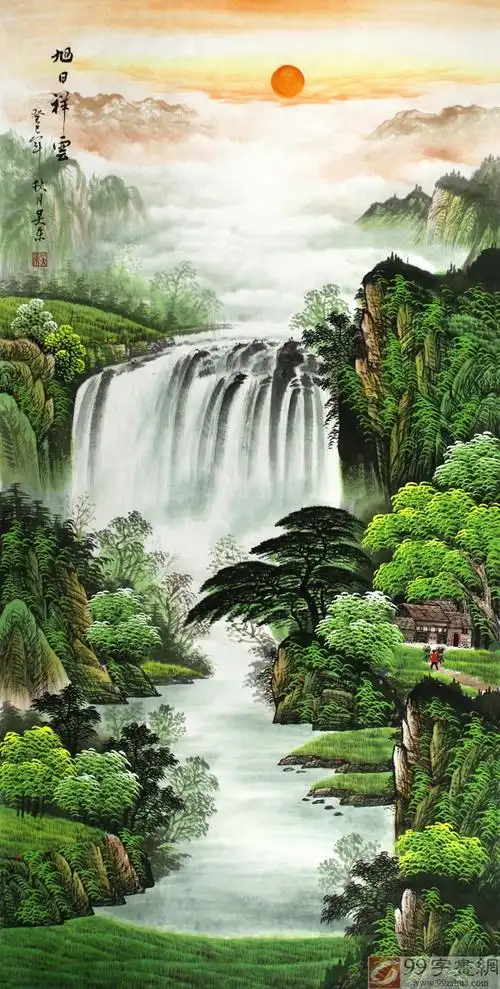 办公室旭日祥云聚宝盆 - 聚宝盆山水画 - 99字画网